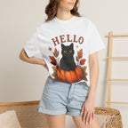 Hello Fall T-Shirt, Black Cat Pumpkin Autumn Tee, Cute Fall Cat Shirt