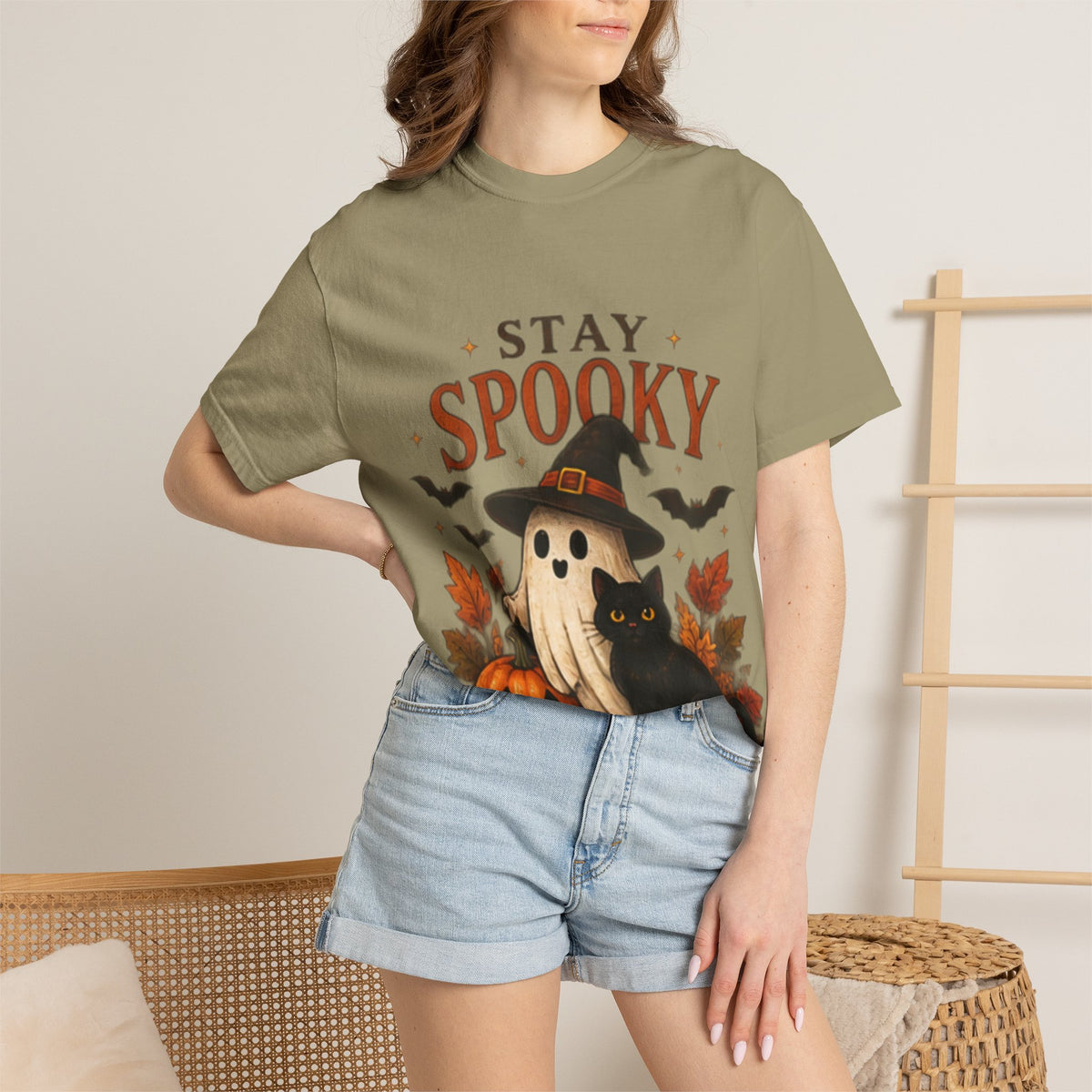 Stay Spooky T‑Shirt — Cute Ghost, Black Cat & Pumpkin Halloween Tee
