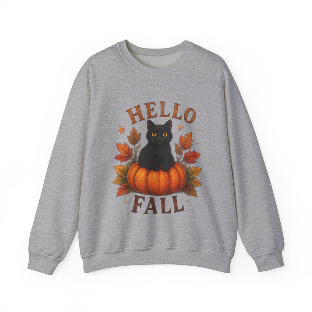 Hello Fall Sweatshirt — Black Cat on Pumpkin Cozy Autumn Crewneck