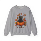 Hello Fall Sweatshirt — Black Cat on Pumpkin Cozy Autumn Crewneck