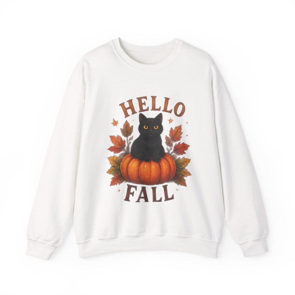 Hello Fall Sweatshirt — Black Cat on Pumpkin Cozy Autumn Crewneck