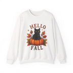 Hello Fall Sweatshirt — Black Cat on Pumpkin Cozy Autumn Crewneck
