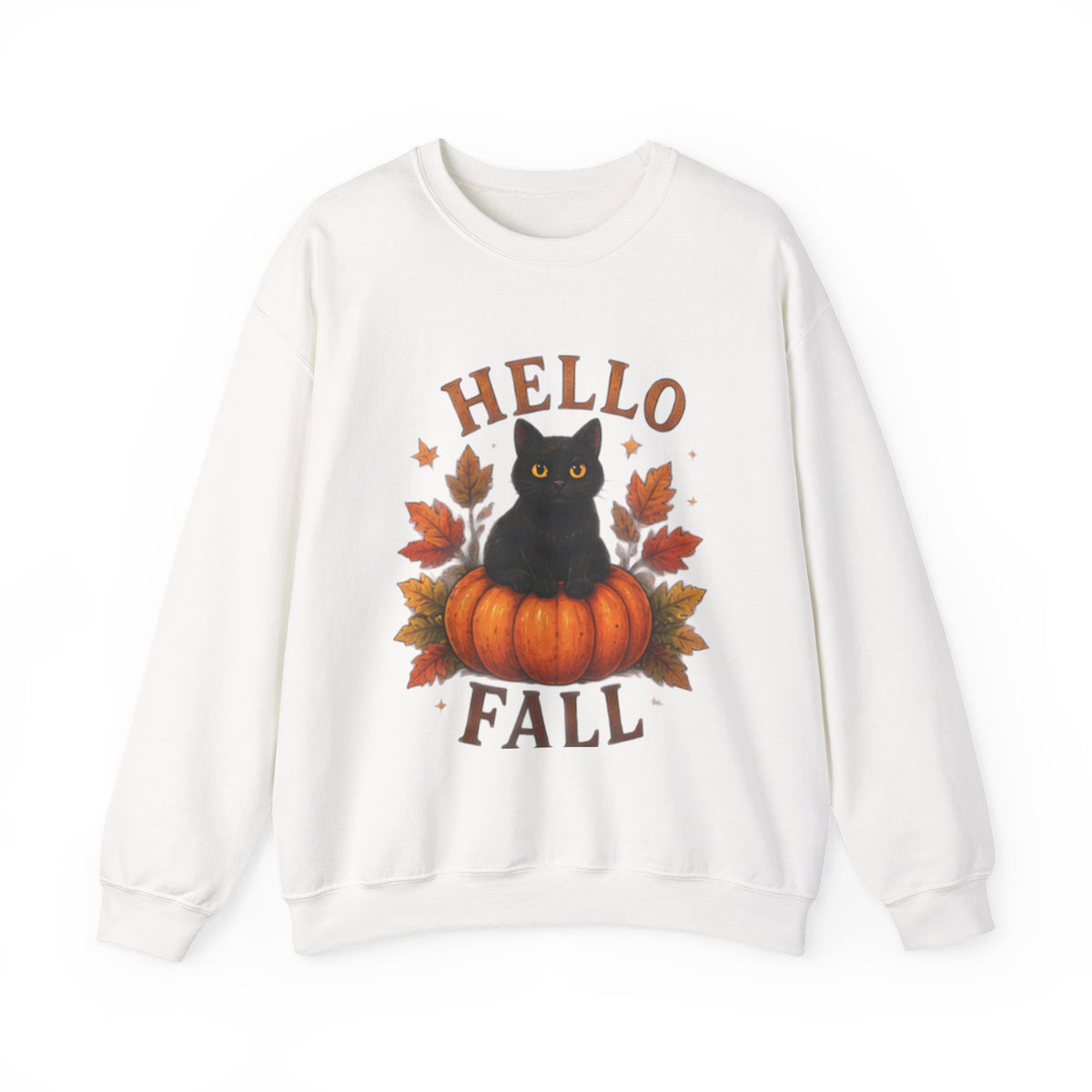 Hello Fall Sweatshirt — Black Cat on Pumpkin Cozy Autumn Crewneck