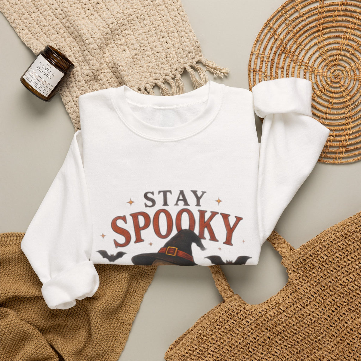 Stay Spooky Sweatshirt — Cute Ghost & Black Cat Halloween Crewneck