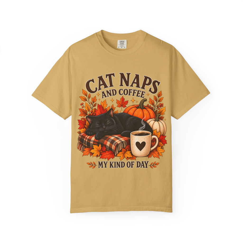 Cat Naps & Coffee T-Shirt, Black Cat Coffee Fall Shirt, Cozy Autumn Cat Tee, Cat Lover Coffee Shirt