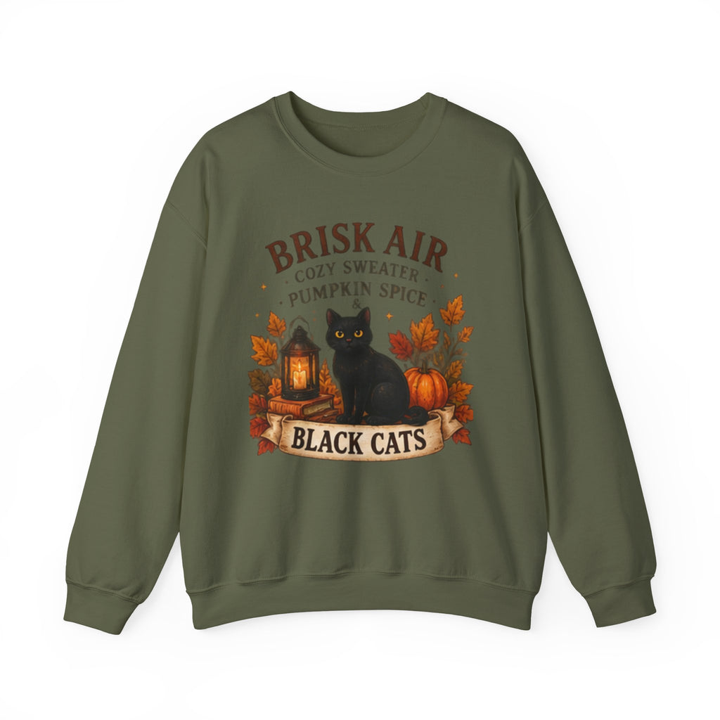 Autumn Black Cat Sweatshirt — "Brisk Air Cozy Sweater Pumpkin Spice" Fall Crewneck