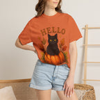 Hello Fall T-Shirt, Black Cat Pumpkin Autumn Tee, Cute Fall Cat Shirt