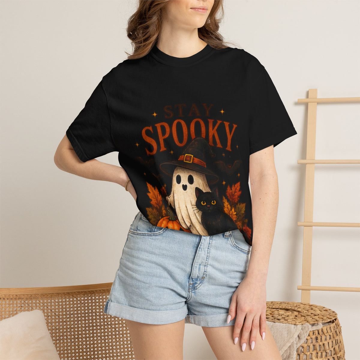 Stay Spooky T‑Shirt — Cute Ghost, Black Cat & Pumpkin Halloween Tee