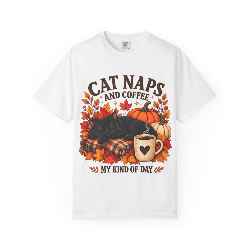 Cat Naps & Coffee T-Shirt, Black Cat Coffee Fall Shirt, Cozy Autumn Cat Tee, Cat Lover Coffee Shirt