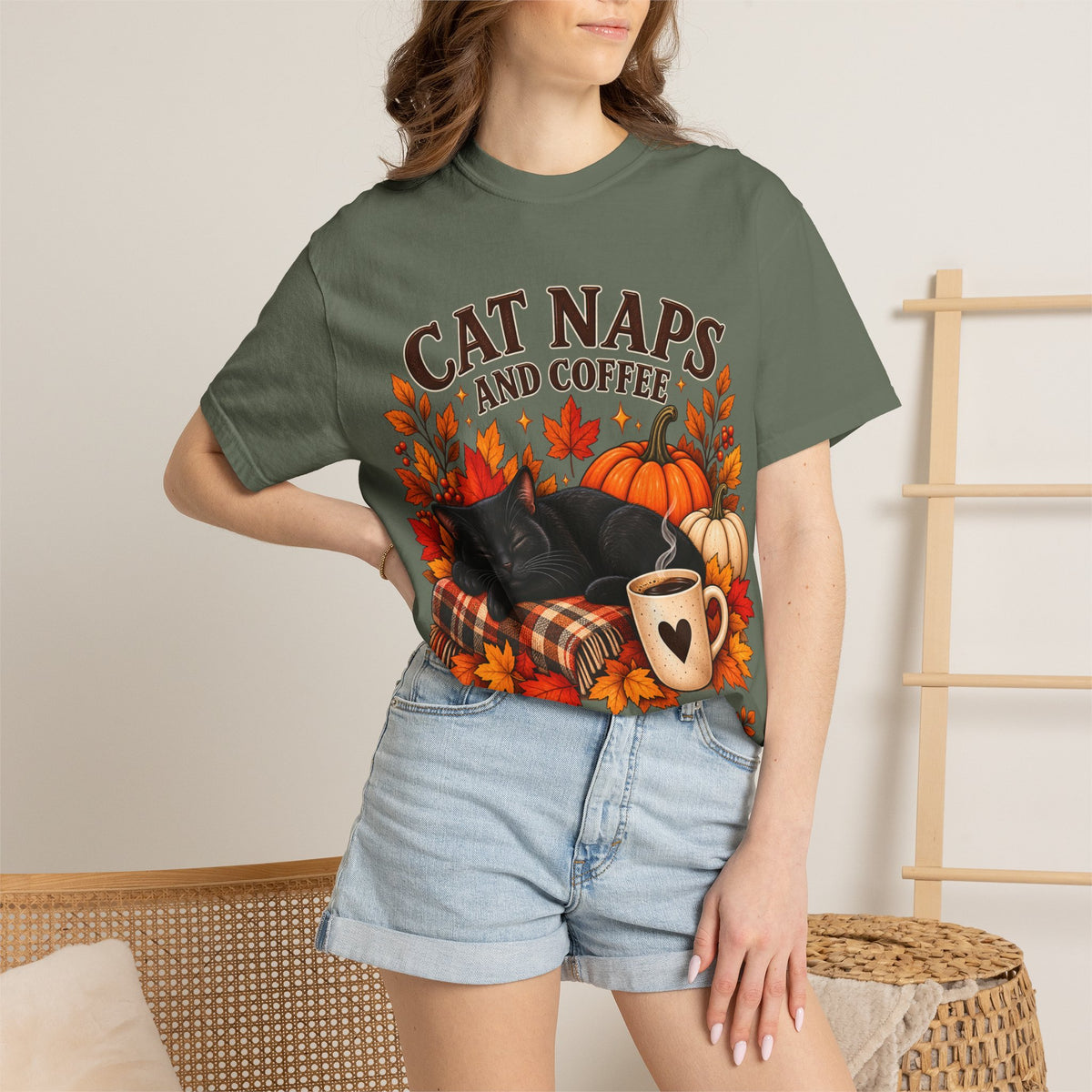 Cat Naps & Coffee T-Shirt, Black Cat Coffee Fall Shirt, Cozy Autumn Cat Tee, Cat Lover Coffee Shirt