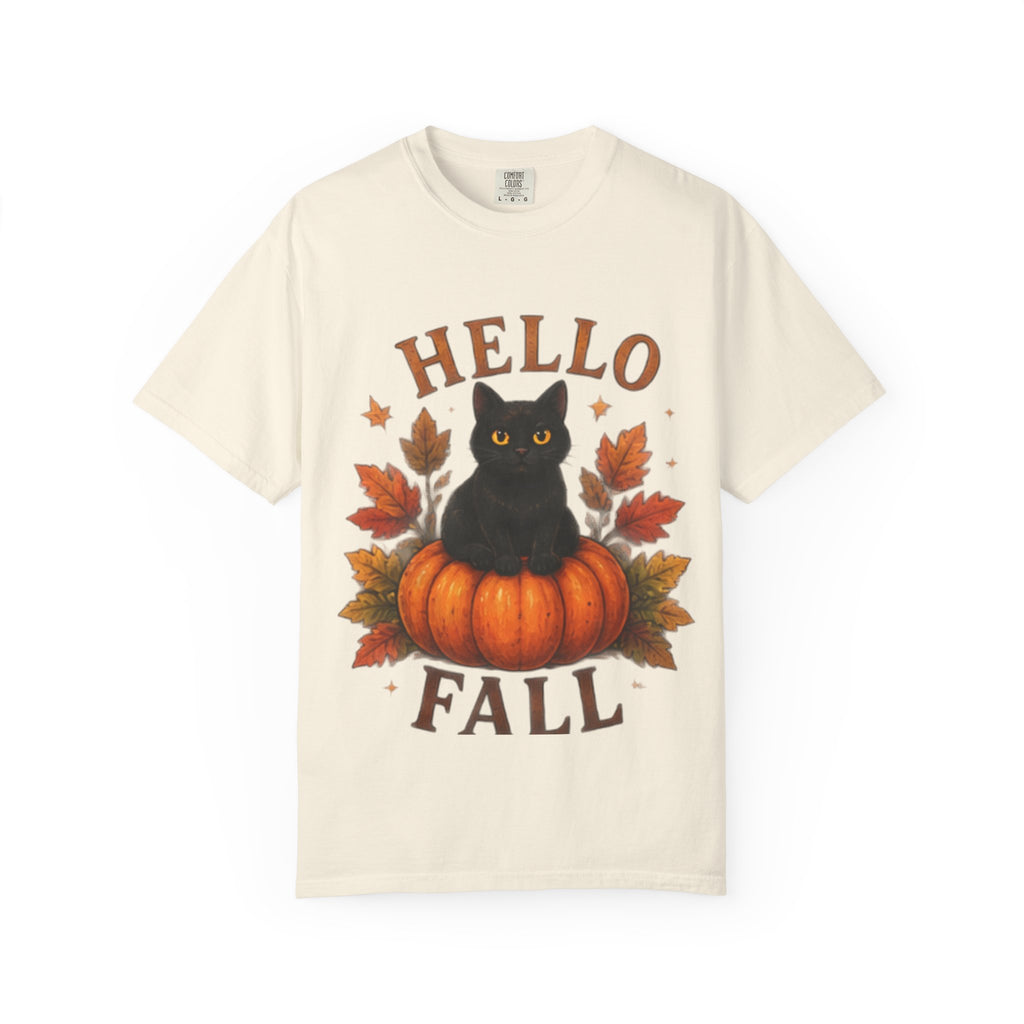 Hello Fall T-Shirt, Black Cat Pumpkin Autumn Tee, Cute Fall Cat Shirt