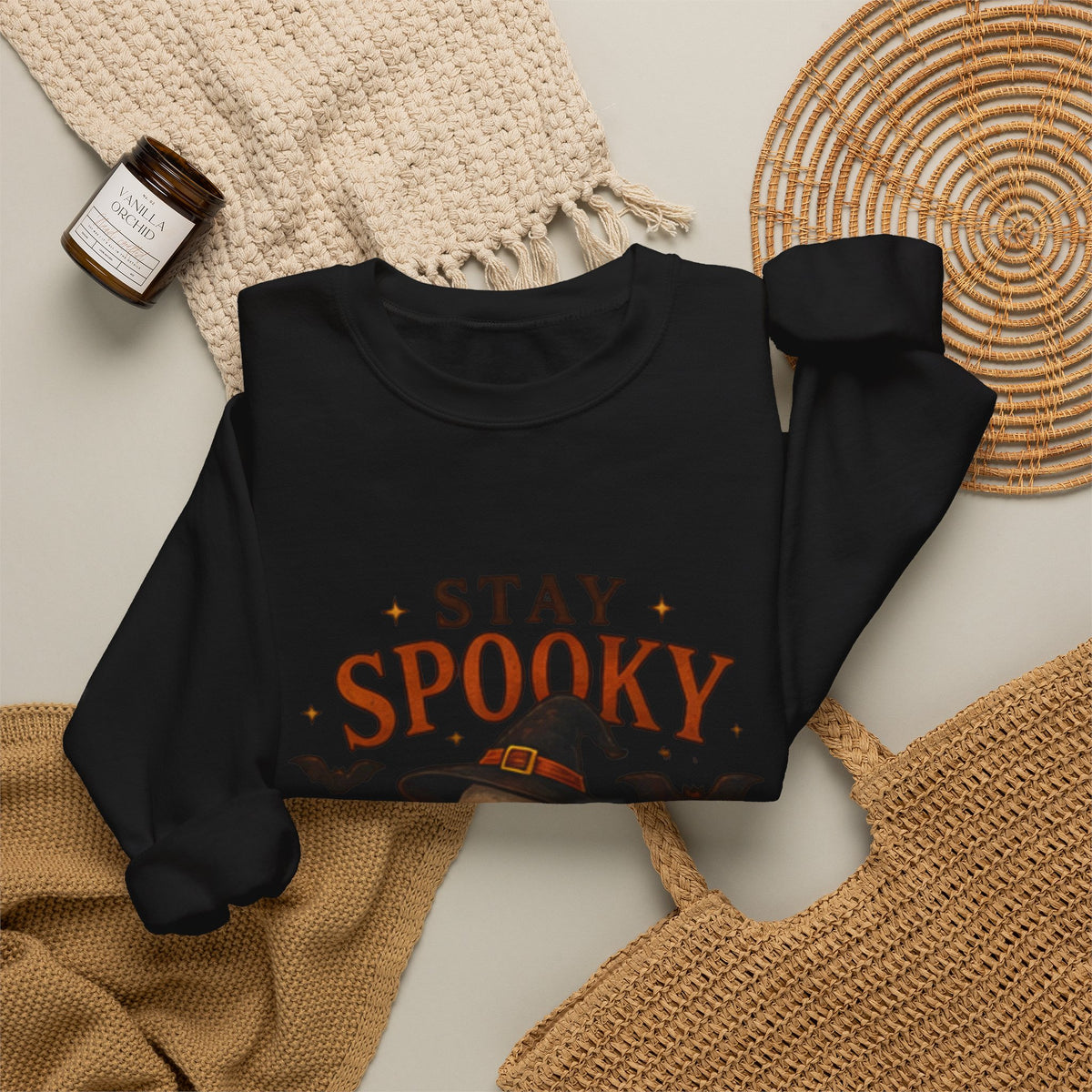 Stay Spooky Sweatshirt — Cute Ghost & Black Cat Halloween Crewneck