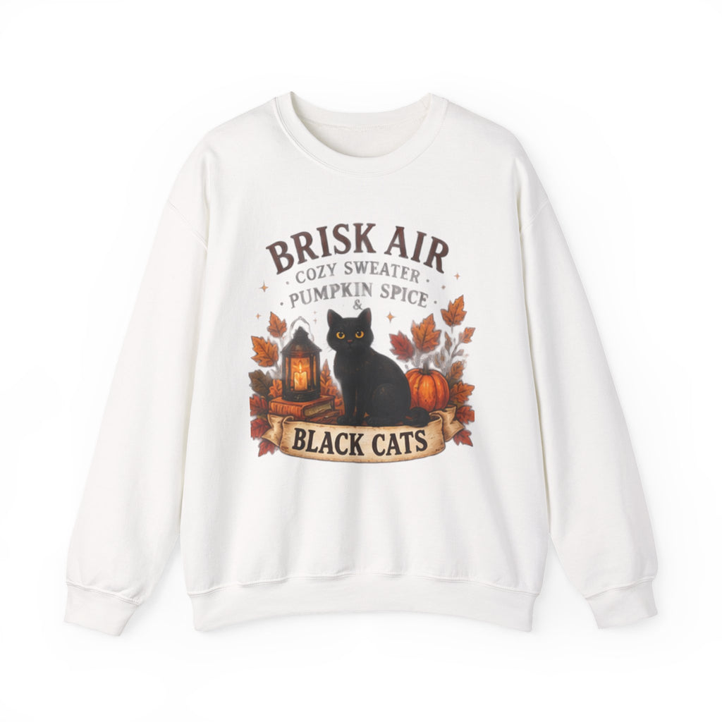 Autumn Black Cat Sweatshirt — "Brisk Air Cozy Sweater Pumpkin Spice" Fall Crewneck