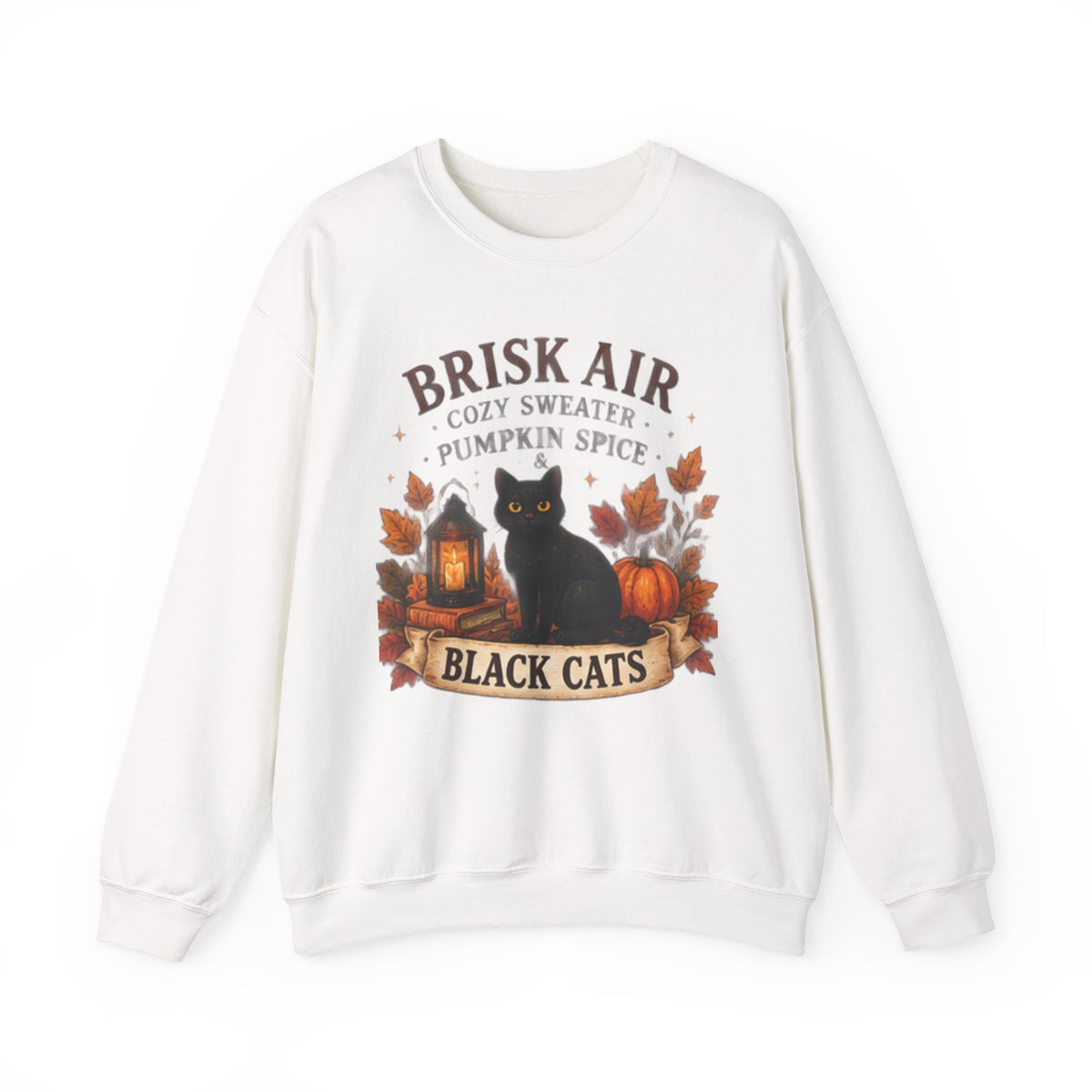 Autumn Black Cat Sweatshirt — "Brisk Air Cozy Sweater Pumpkin Spice" Fall Crewneck