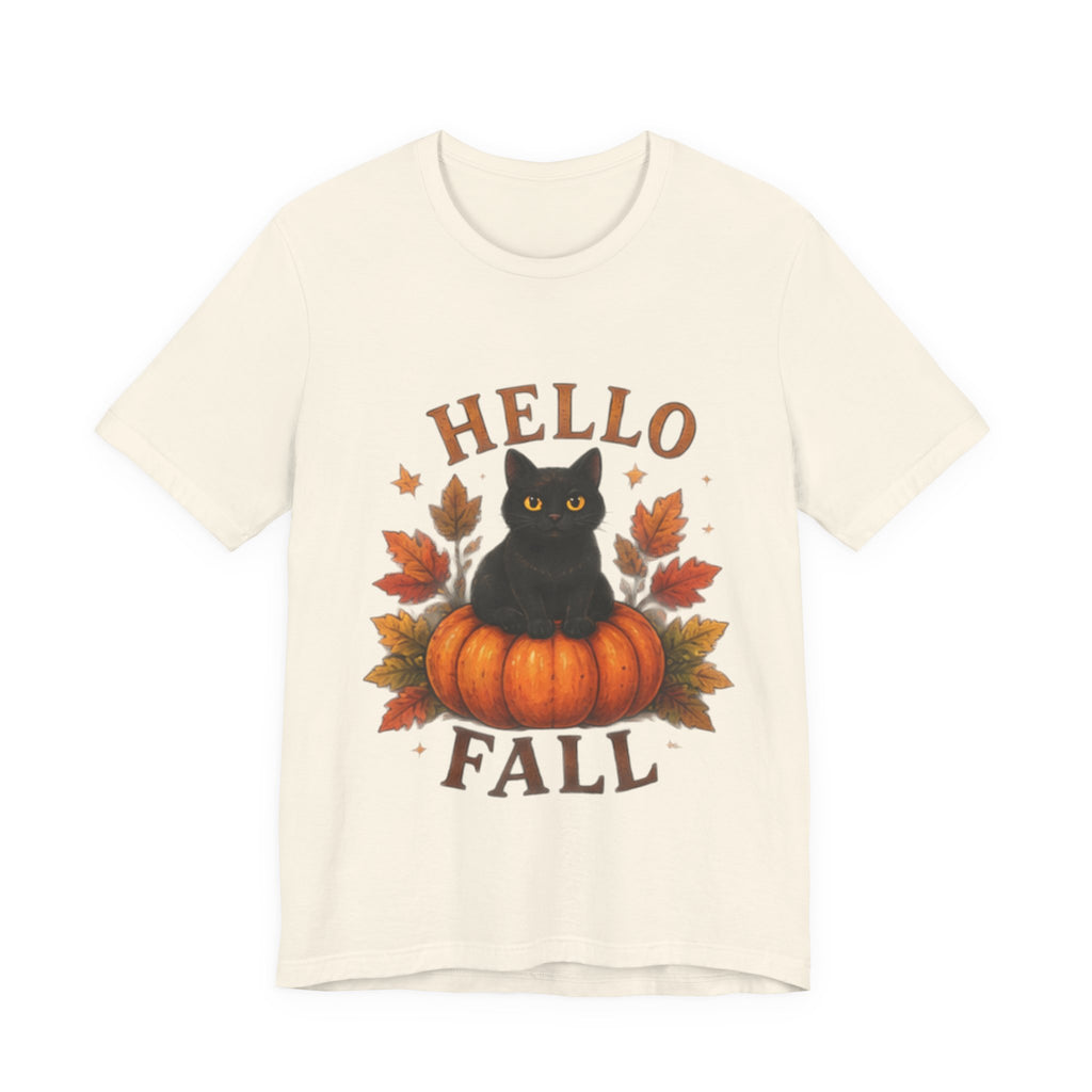 Hello Fall T-Shirt, Black Cat Pumpkin Autumn Tee, Cute Fall Cat Shirt