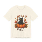 Hello Fall T-Shirt, Black Cat Pumpkin Autumn Tee, Cute Fall Cat Shirt
