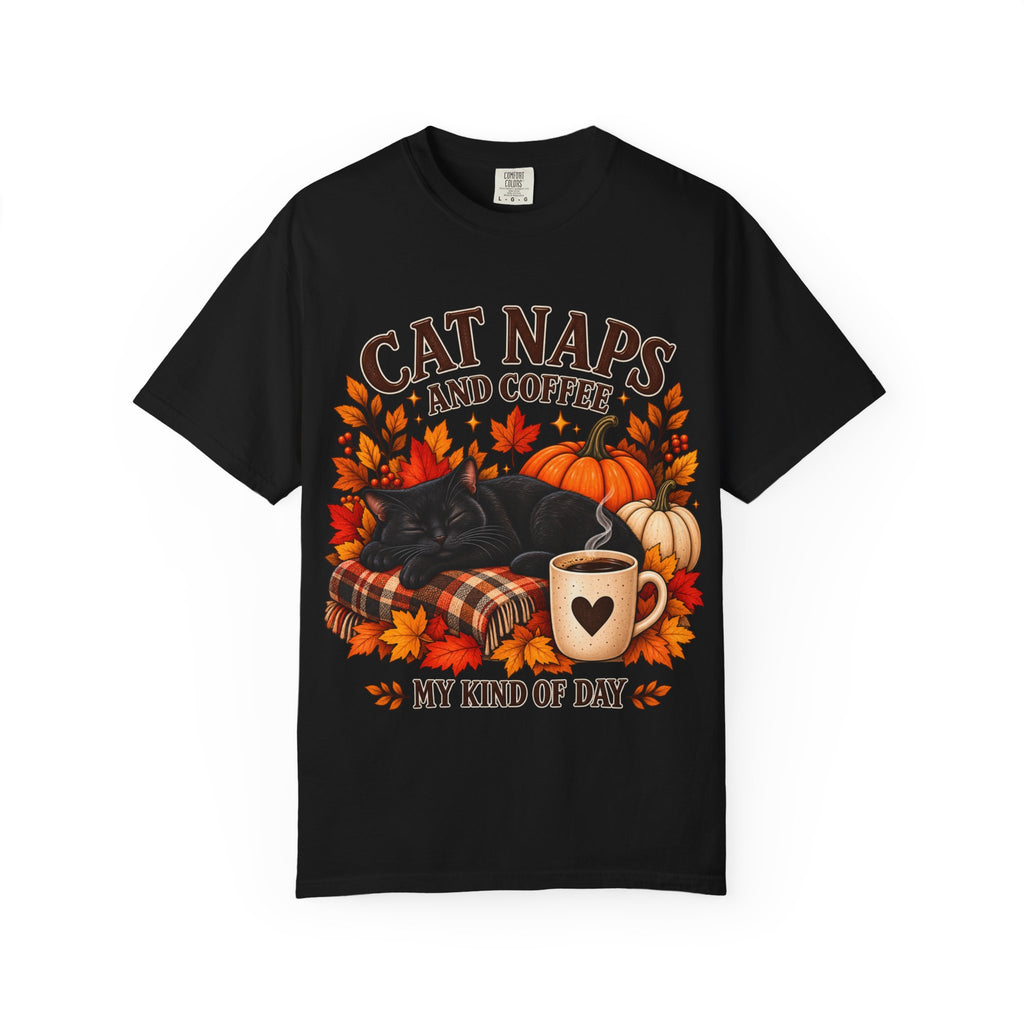 Cat Naps & Coffee T-Shirt, Black Cat Coffee Fall Shirt, Cozy Autumn Cat Tee, Cat Lover Coffee Shirt