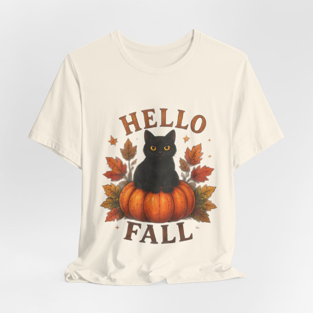 Hello Fall T-Shirt, Black Cat Pumpkin Autumn Tee, Cute Fall Cat Shirt
