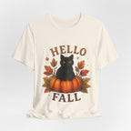 Hello Fall T-Shirt, Black Cat Pumpkin Autumn Tee, Cute Fall Cat Shirt