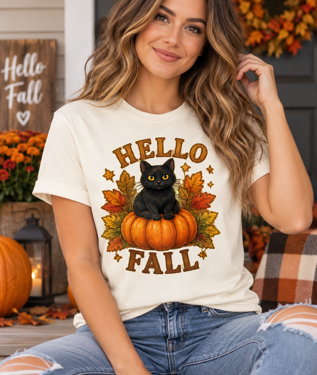 Hello Fall T-Shirt, Black Cat Pumpkin Autumn Tee, Cute Fall Cat Shirt