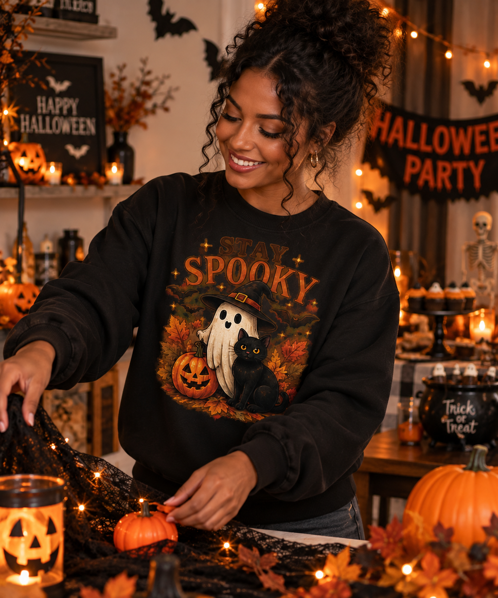 Stay Spooky Sweatshirt — Cute Ghost & Black Cat Halloween Crewneck