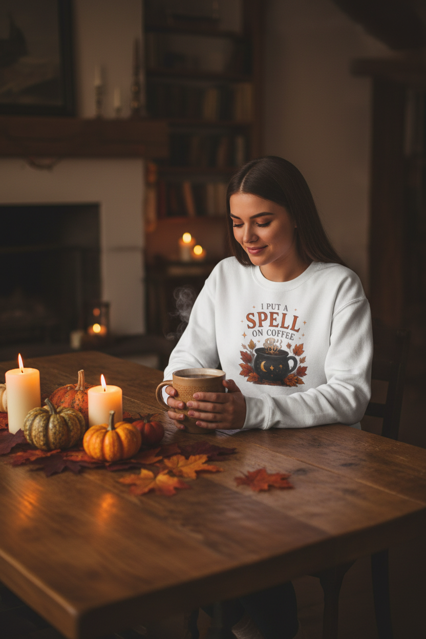 I Put a Spell on Coffee sweatshirt lifestyle photo - cozy autumn candlelit setting