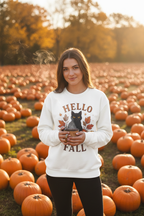 Hello Fall sweatshirt lifestyle photo - golden pumpkin patch morning